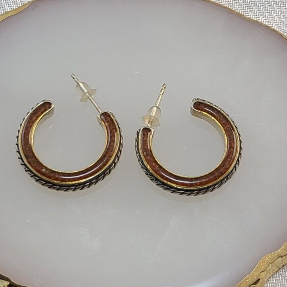 Vintage Relios Carolyn Pollack 925 Sterling Silver Tiger Eye Hoop Earrings 1"